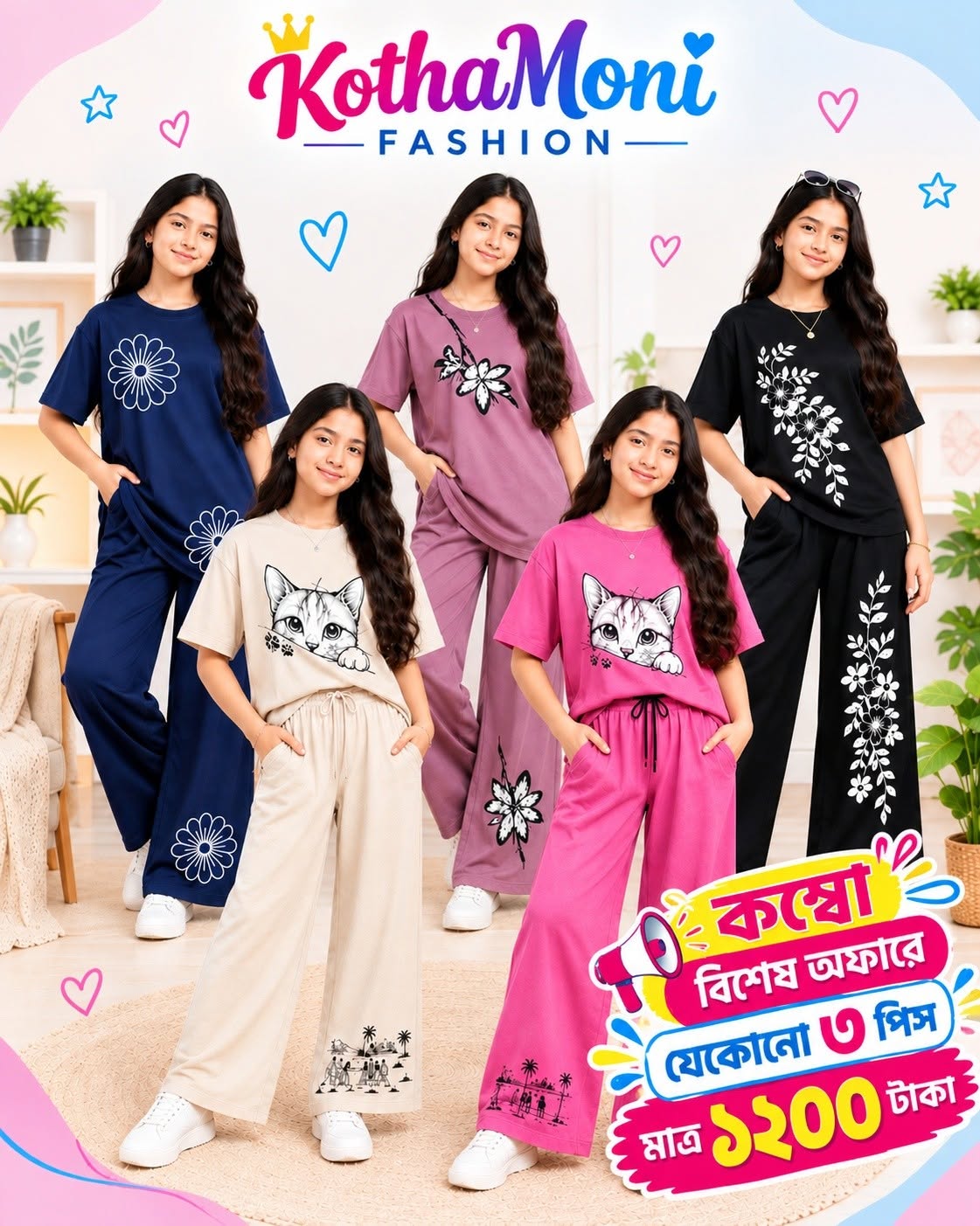 💫কম্বো Offer এ ৩ পিসের বিশেষ ডিসকাউন্ট,৬ বছর থেকে ১৮ বছর পর্যন্ত Girls T-Shart + plazu set