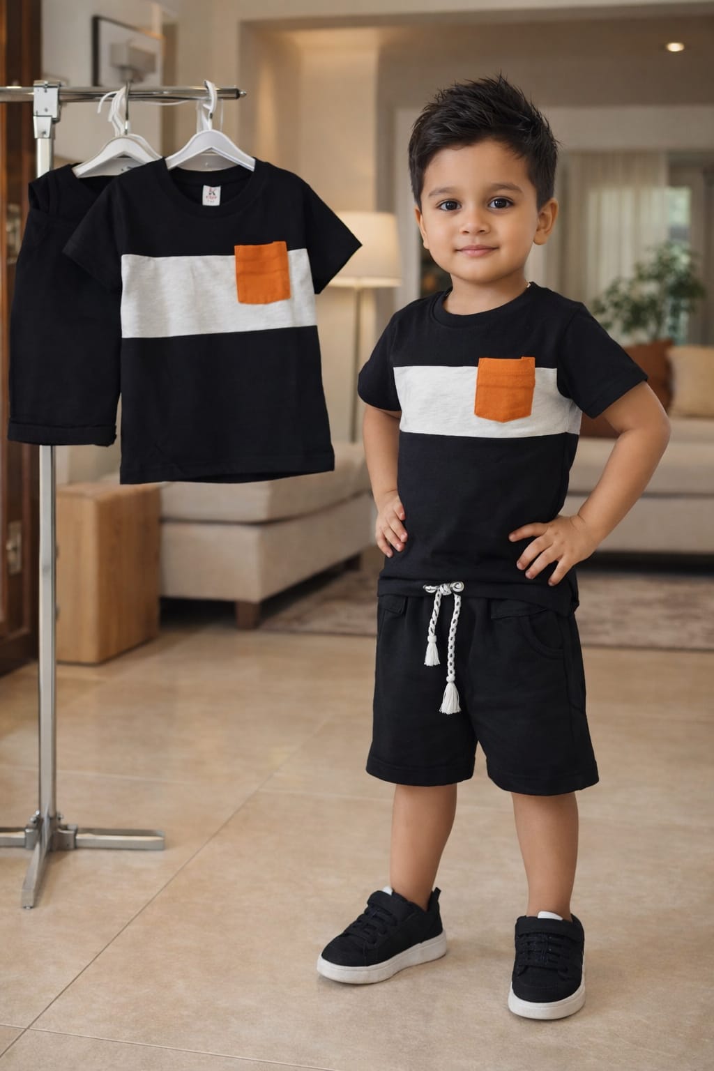 Boys' Smart Two-Piece Summer Set (Black, White & Orange)