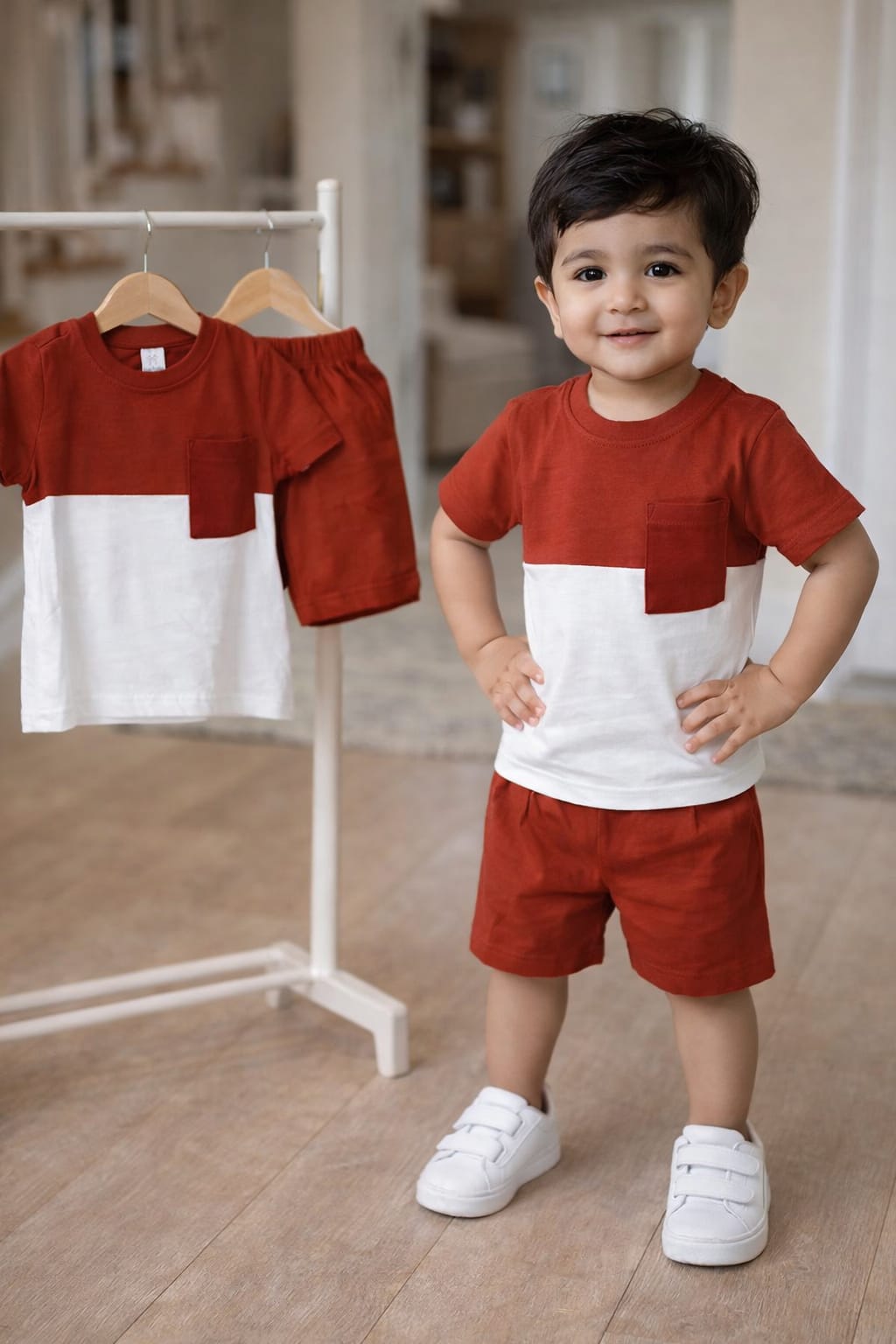 Boys' Trendy Two-Piece Summer Set (Rust Red & White)